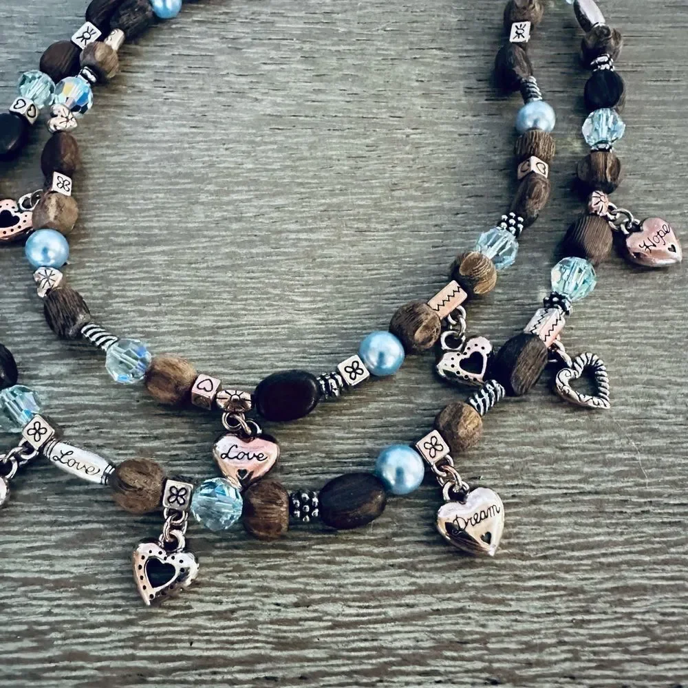 Brighton Retired Love Hearts Wood Pearl Beaded Charm Necklace
